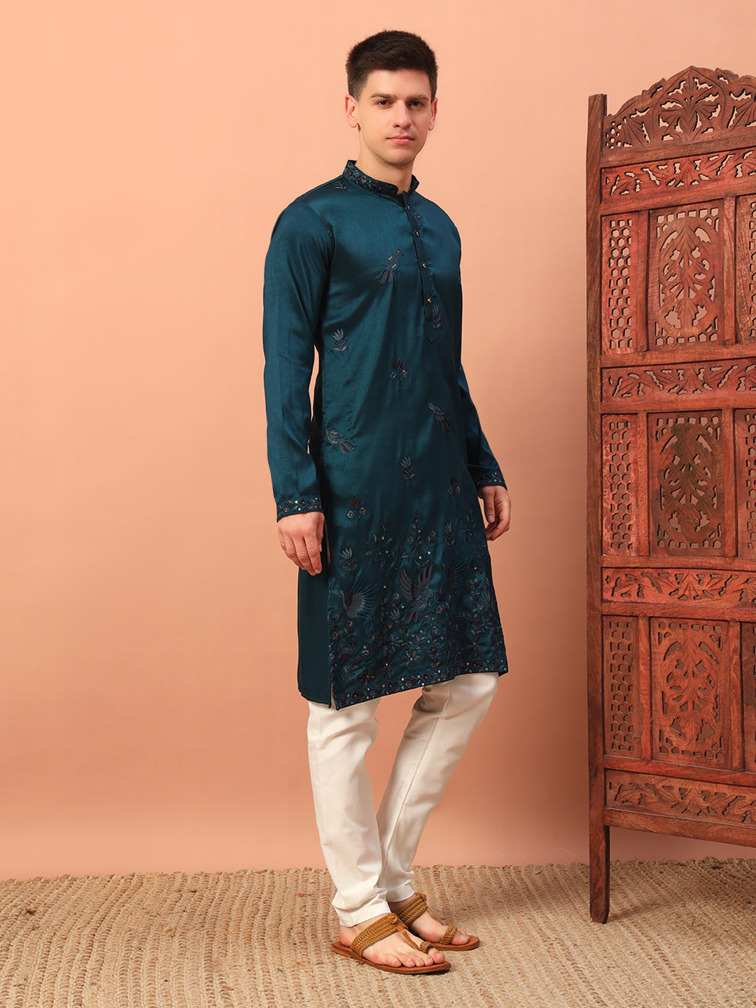 Men Teal Blue Embroidered Kurta Pajama