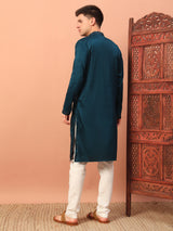 Men Teal Blue Embroidered Kurta Pajama