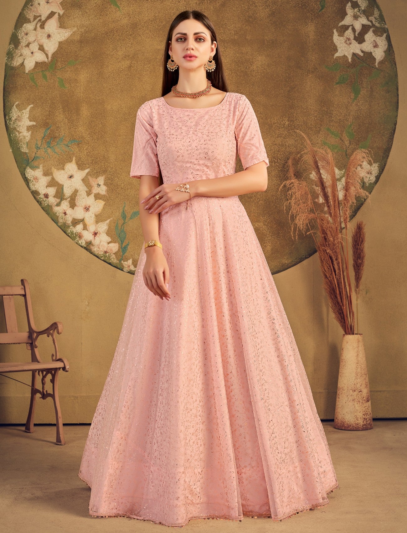Foil Printed Net Gown in Peach
