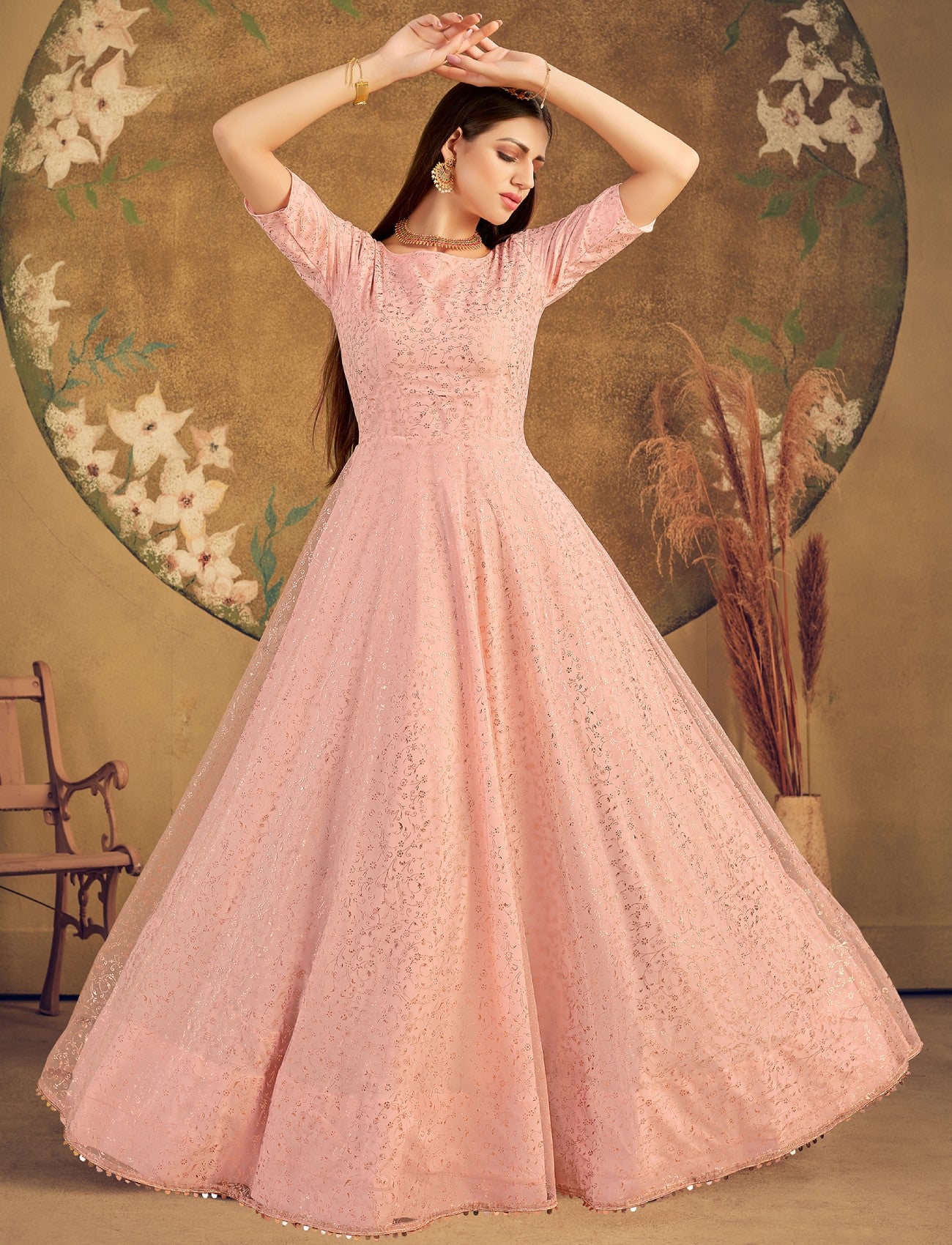 Foil Printed Net Gown in Peach