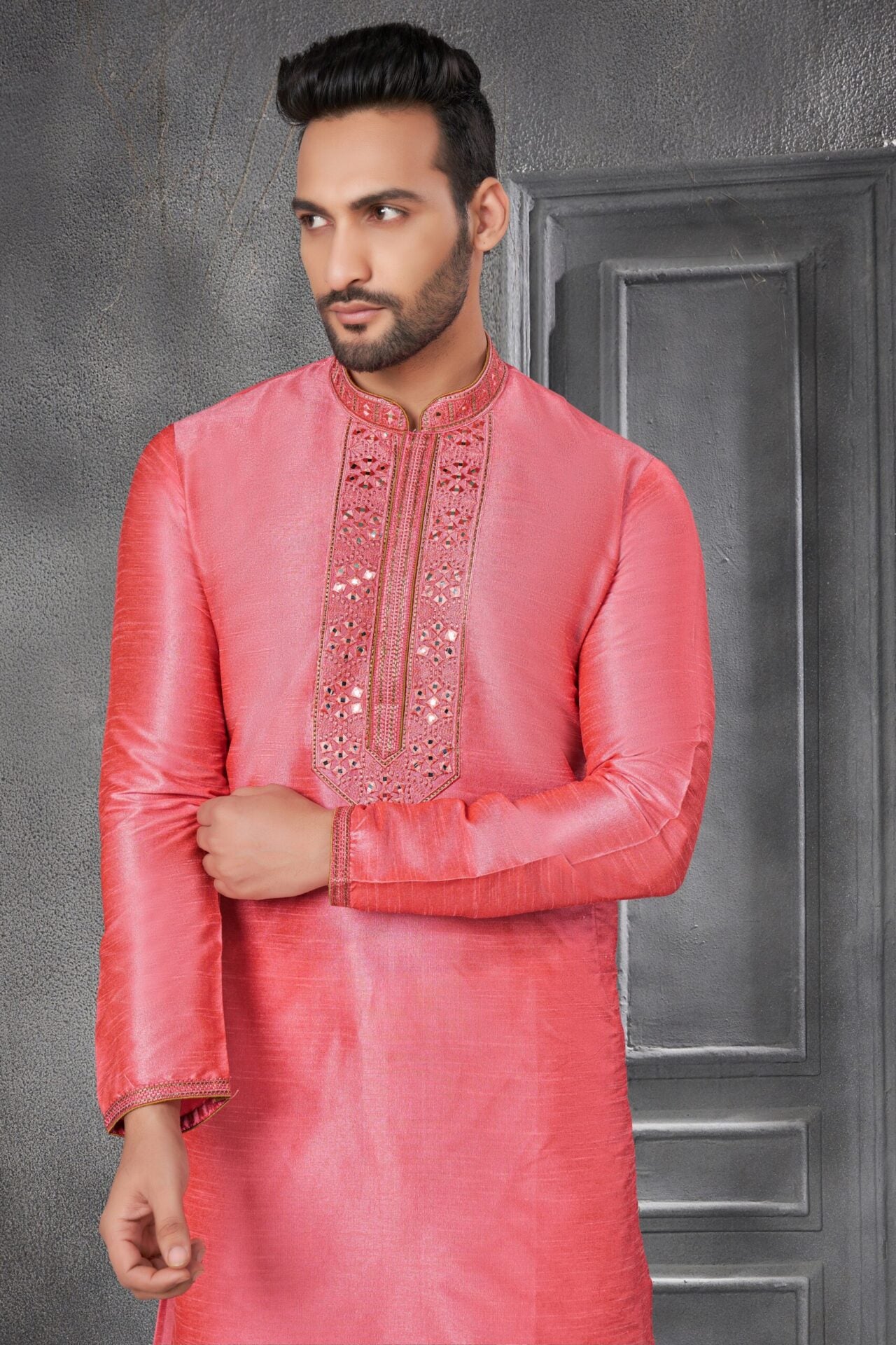 Pink kurta pajama for men with neck embroidery