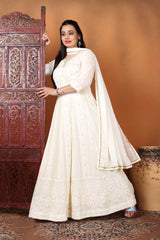 White Chikankari Anarkali Women