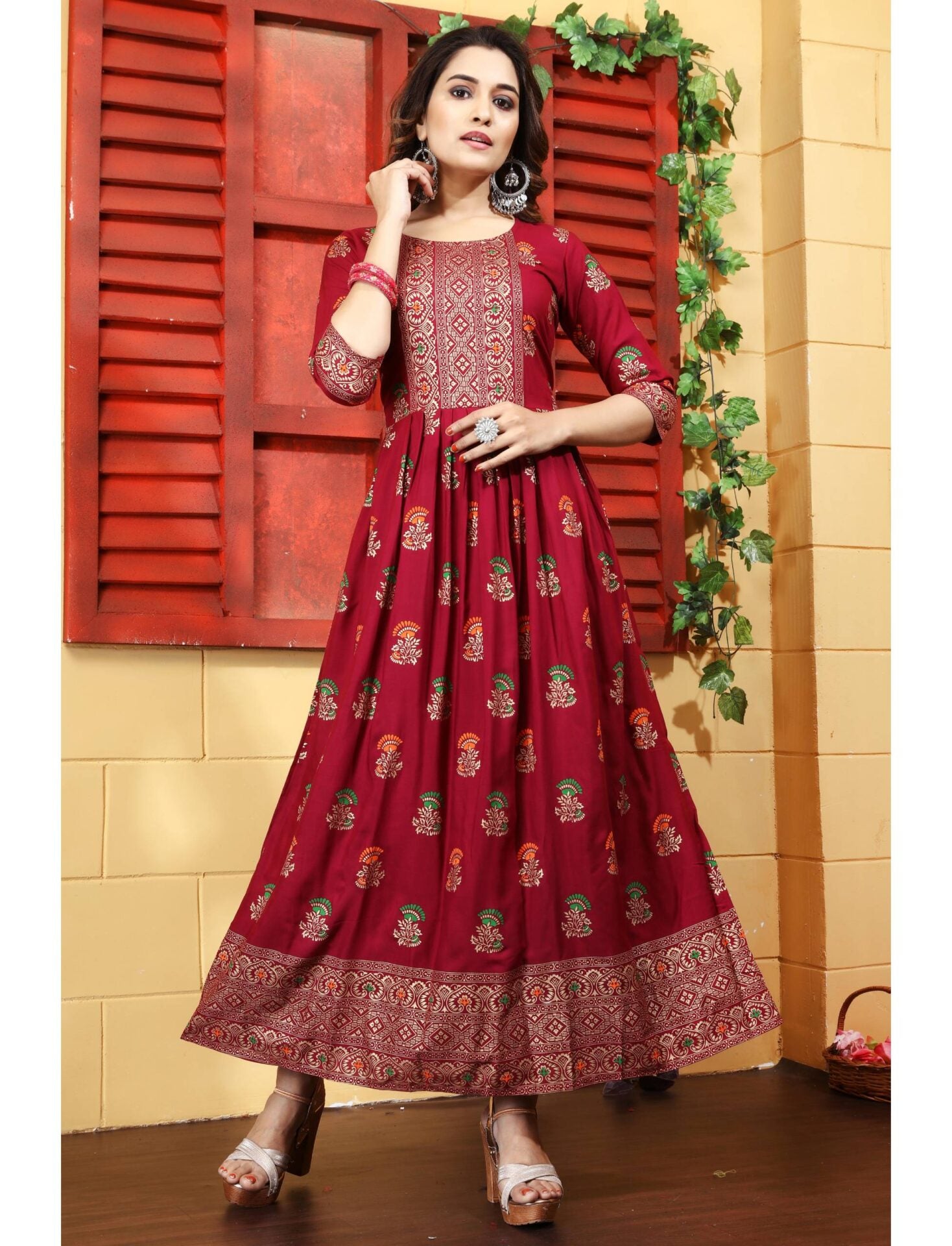 Long anarkali maroon kurti for women