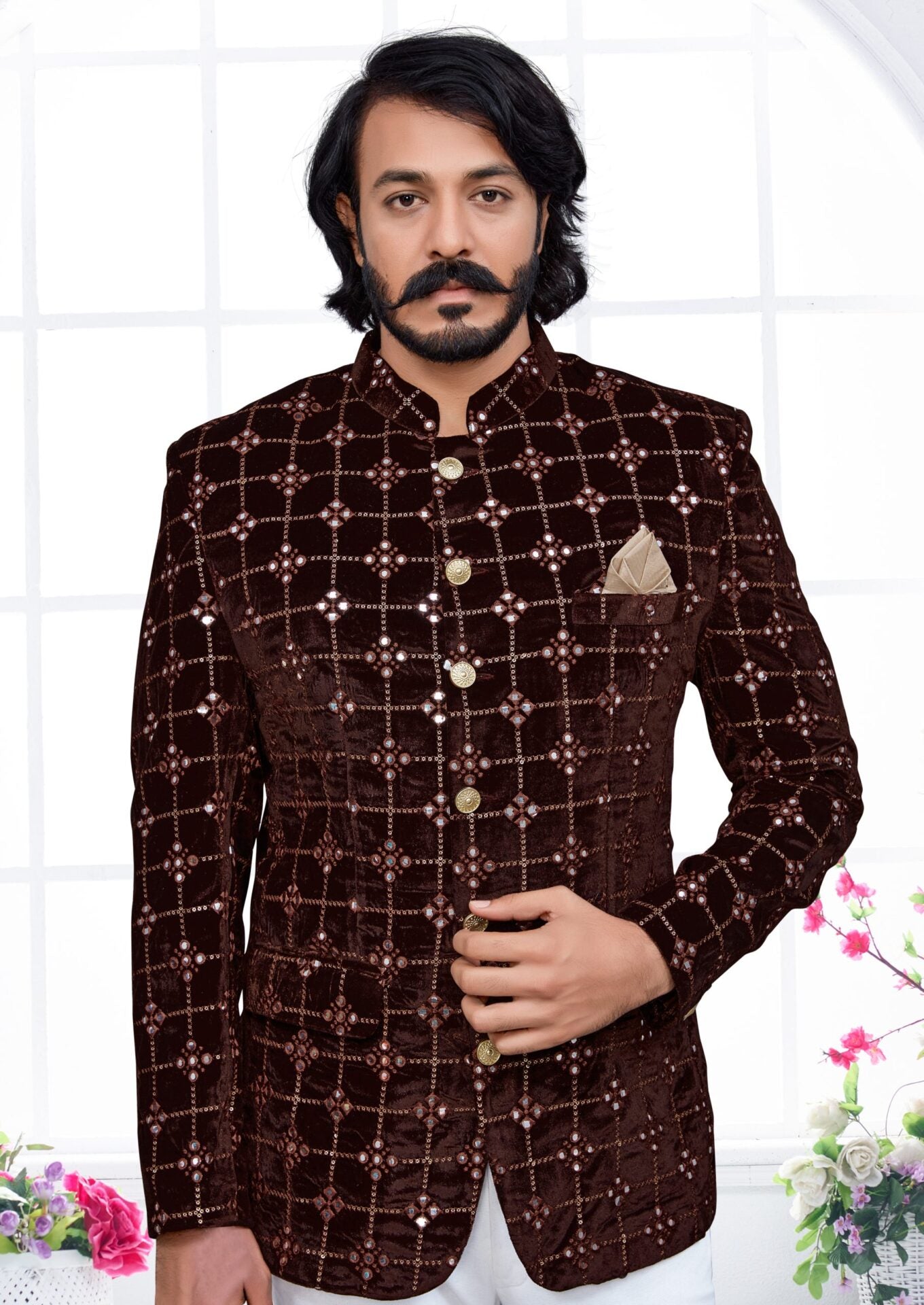 Brown Mirror Work Velvet Jodhpuri (Only Jacket)