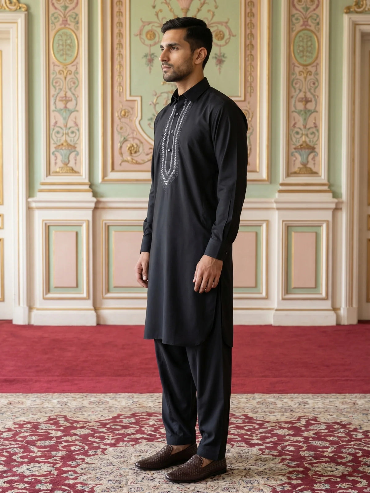 Premium Embroidery Pathani Kurta Set Black