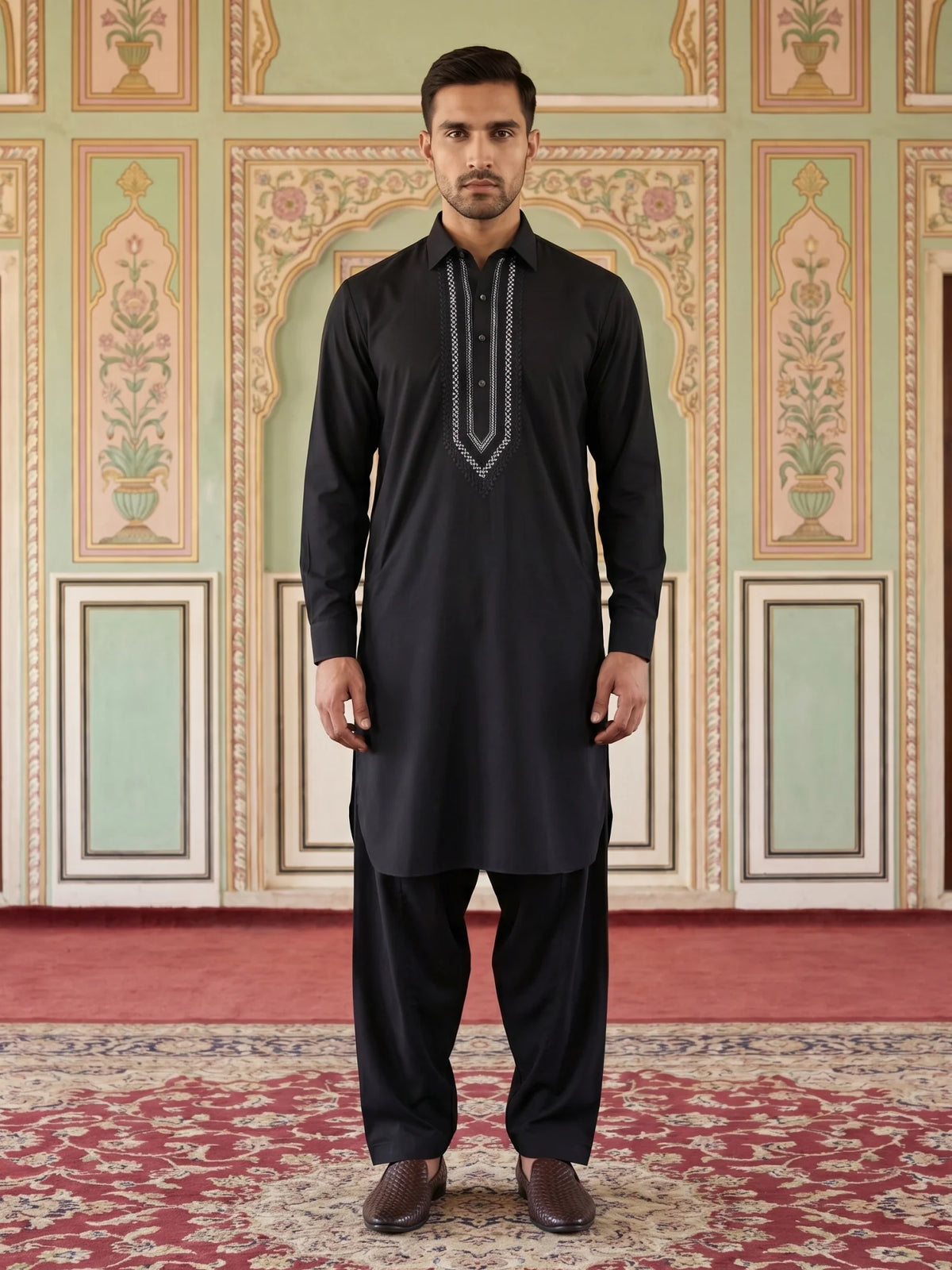 Premium Embroidery Pathani Kurta Set Black