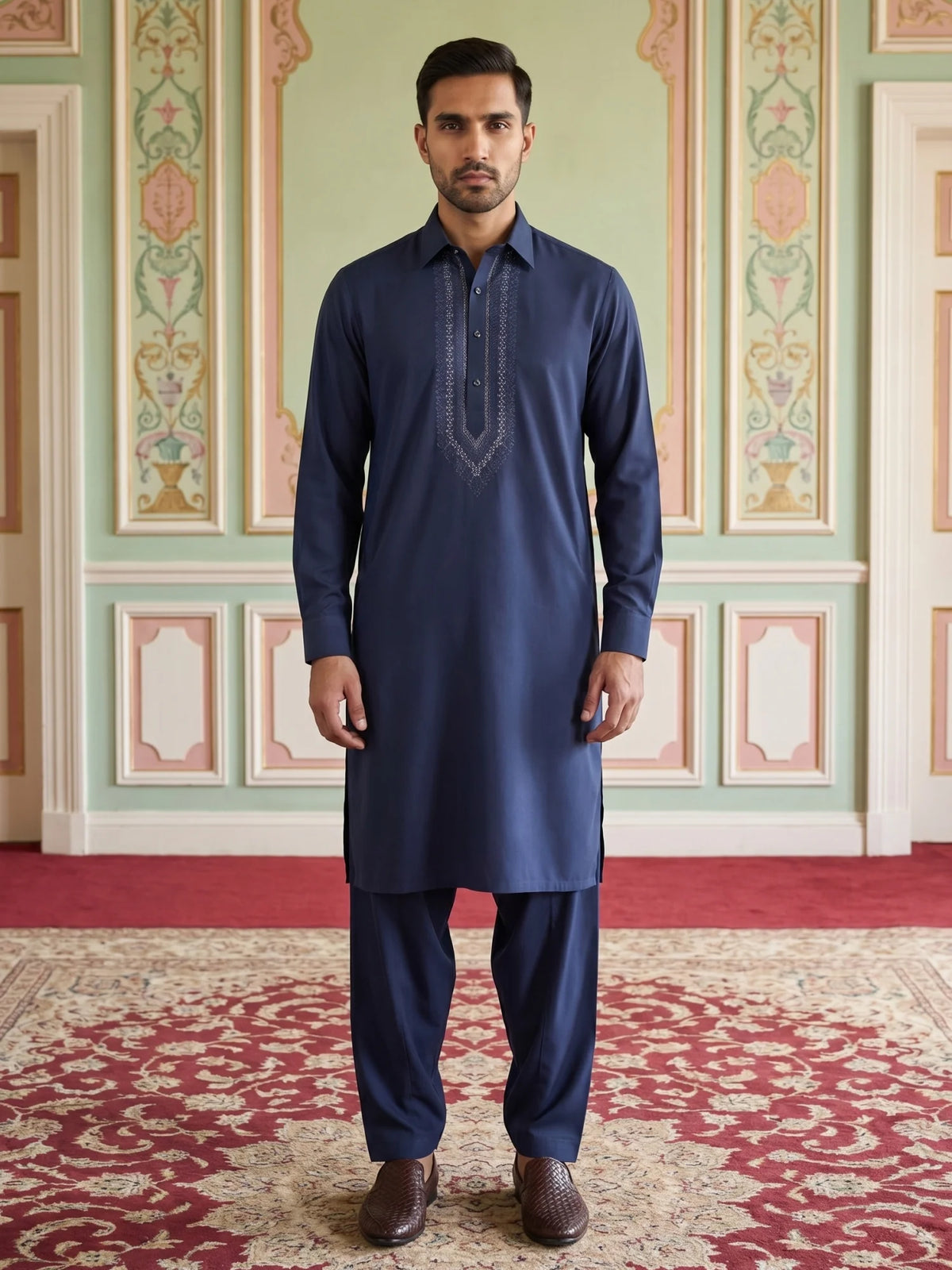 Blue Embroidery Pathani Kurta Set
