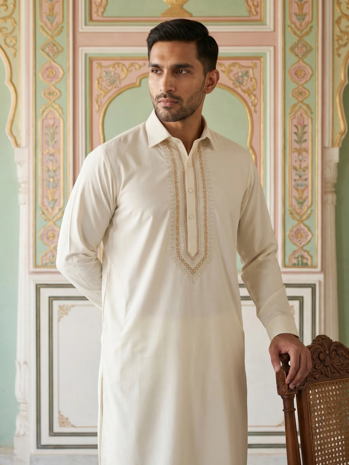 Premium Embroidery White Pathani Kurta Set