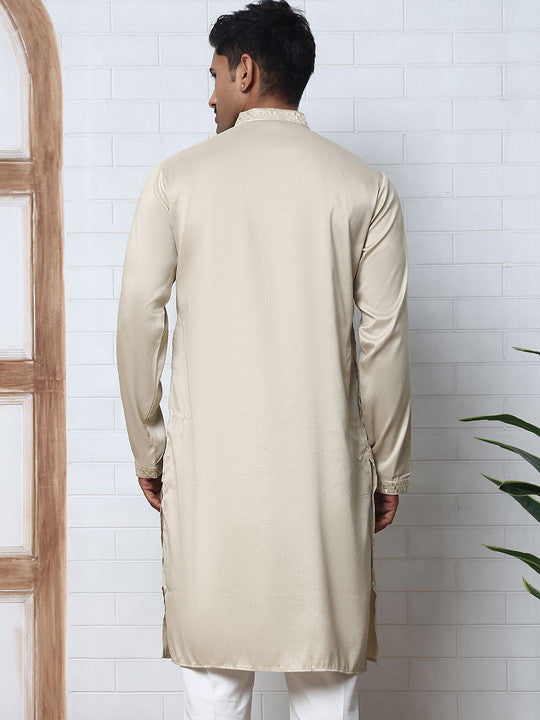 Men's Cream Silk-Blend Sequinned Embroidered Kurta