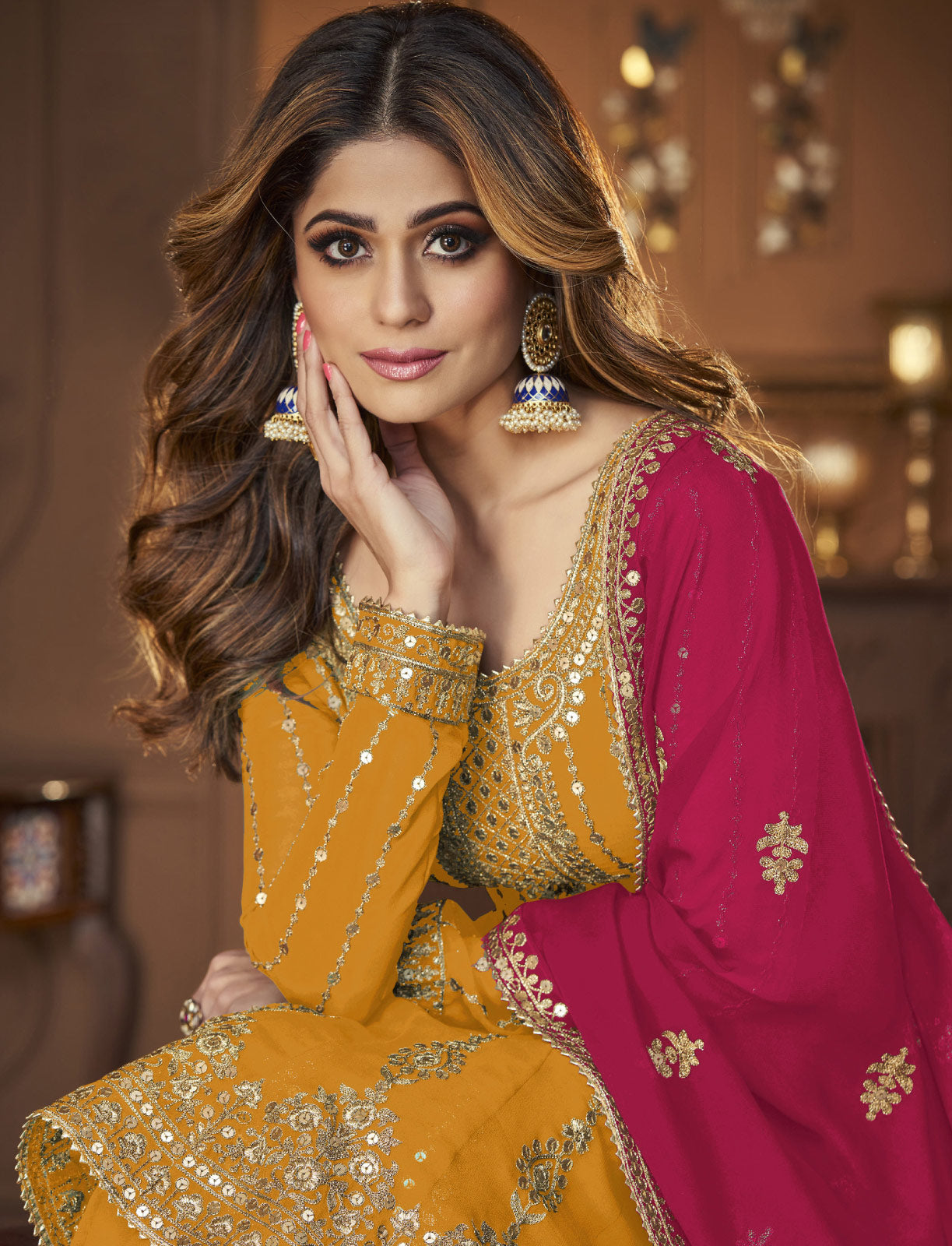 Embroidered Mustard Georgette Lehenga Suit