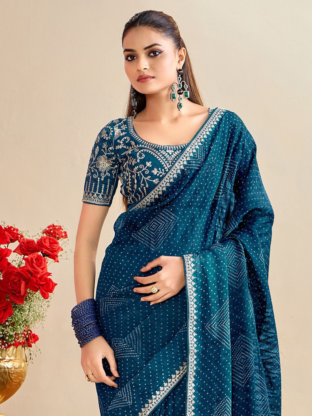 Bandhani Saree With Embroidered Blouse