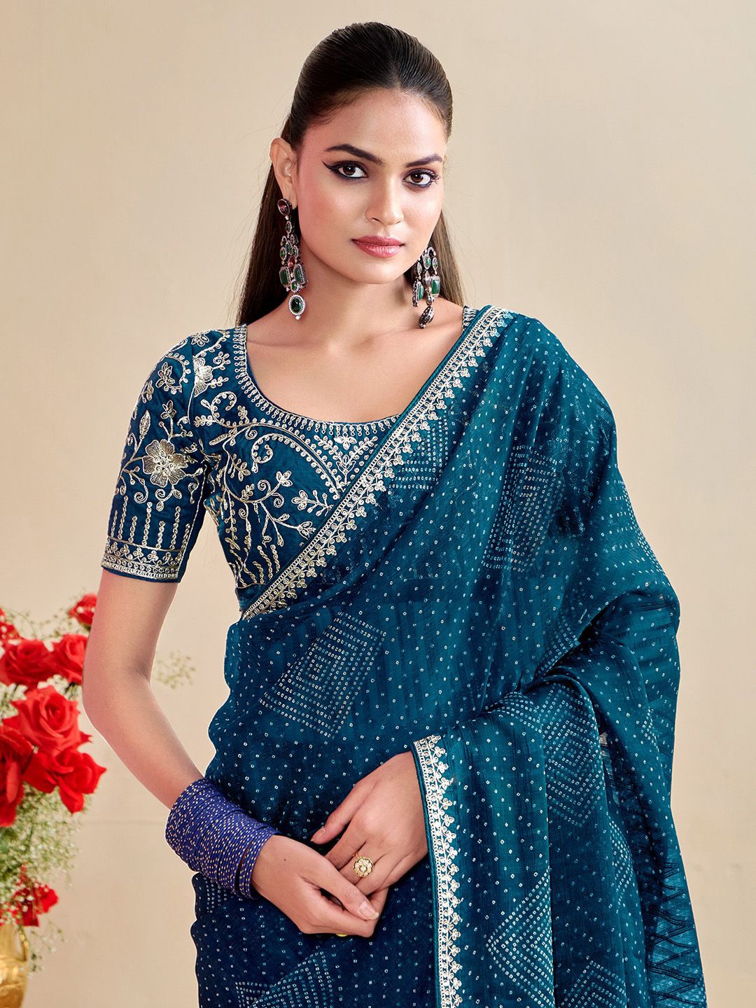 Bandhani Saree With Embroidered Blouse