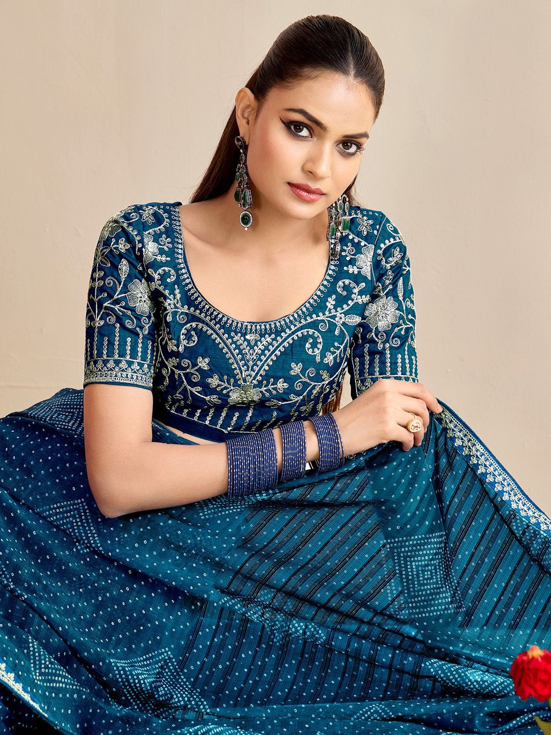 Bandhani Saree With Embroidered Blouse