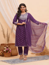 Purple Silver Embroidered Kurti Set