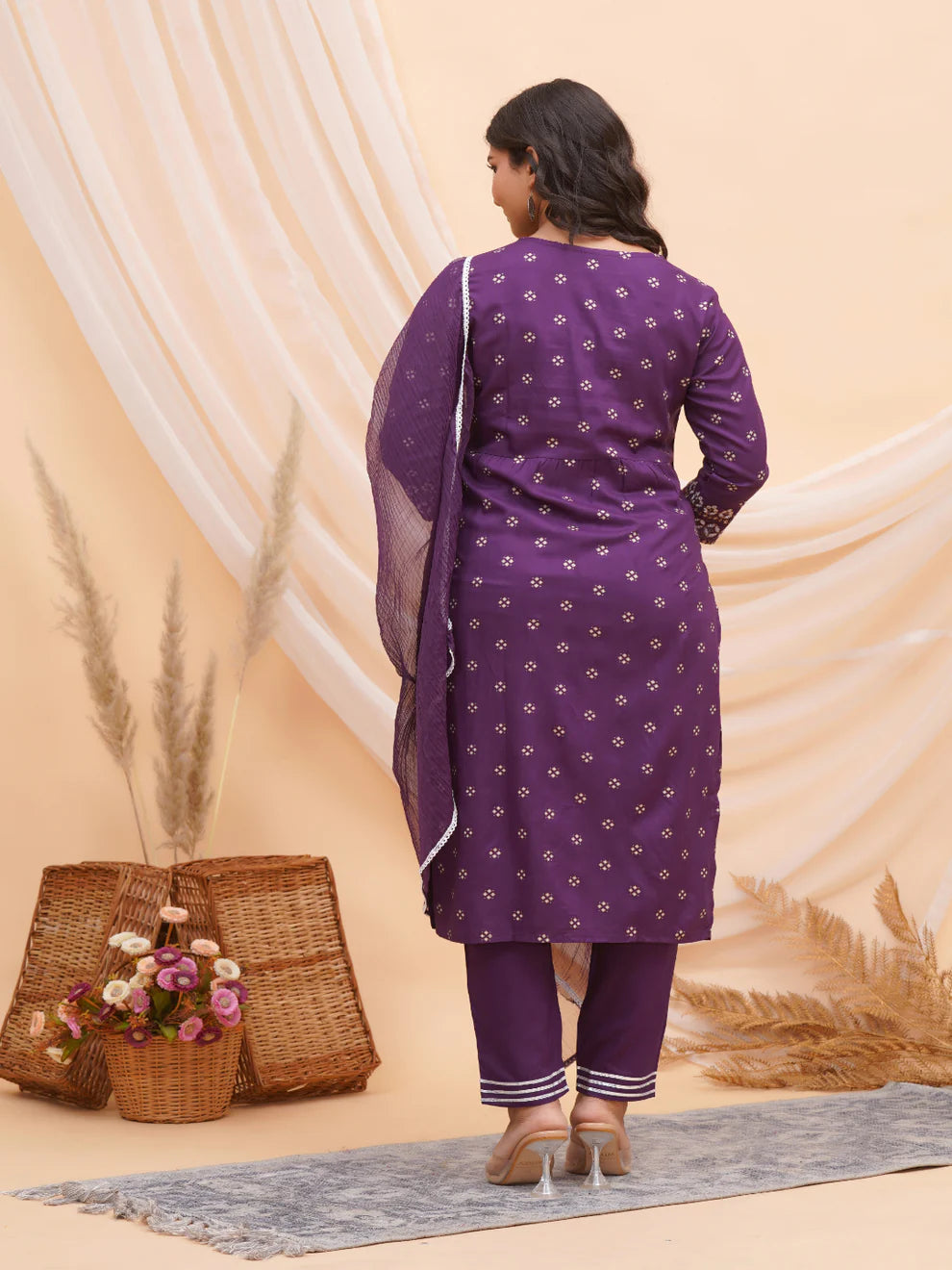 Purple Silver Embroidered Kurti Set