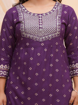 Purple Silver Embroidered Kurti Set