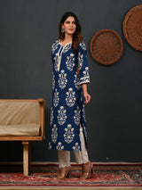 Printed Cotton Blue Kurta