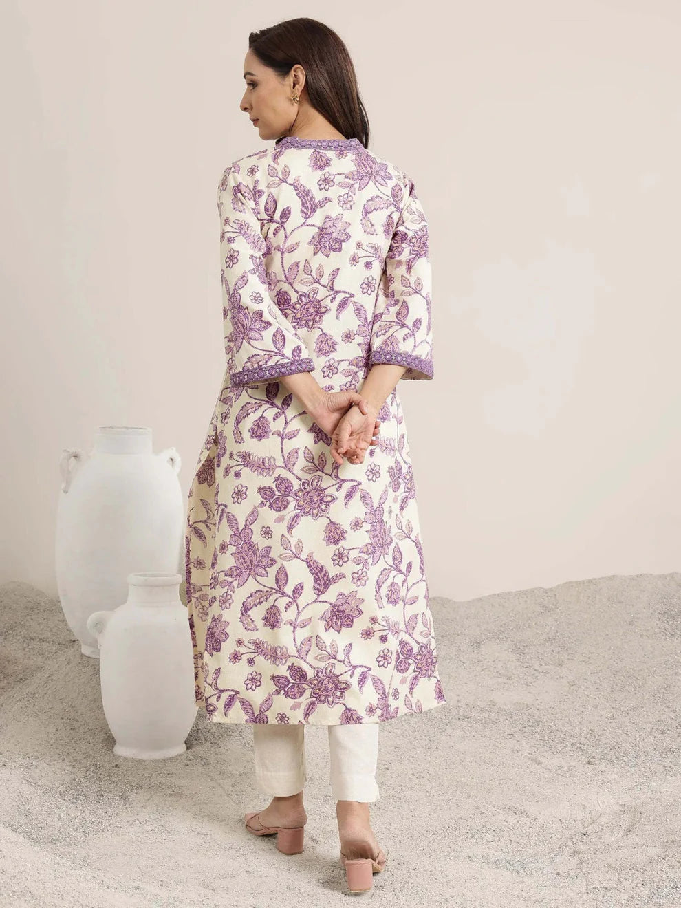 V Neck Embroidered Viscose Rayon Purple Kurta