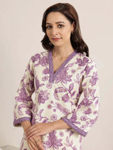 V Neck Embroidered Viscose Rayon Purple Kurta