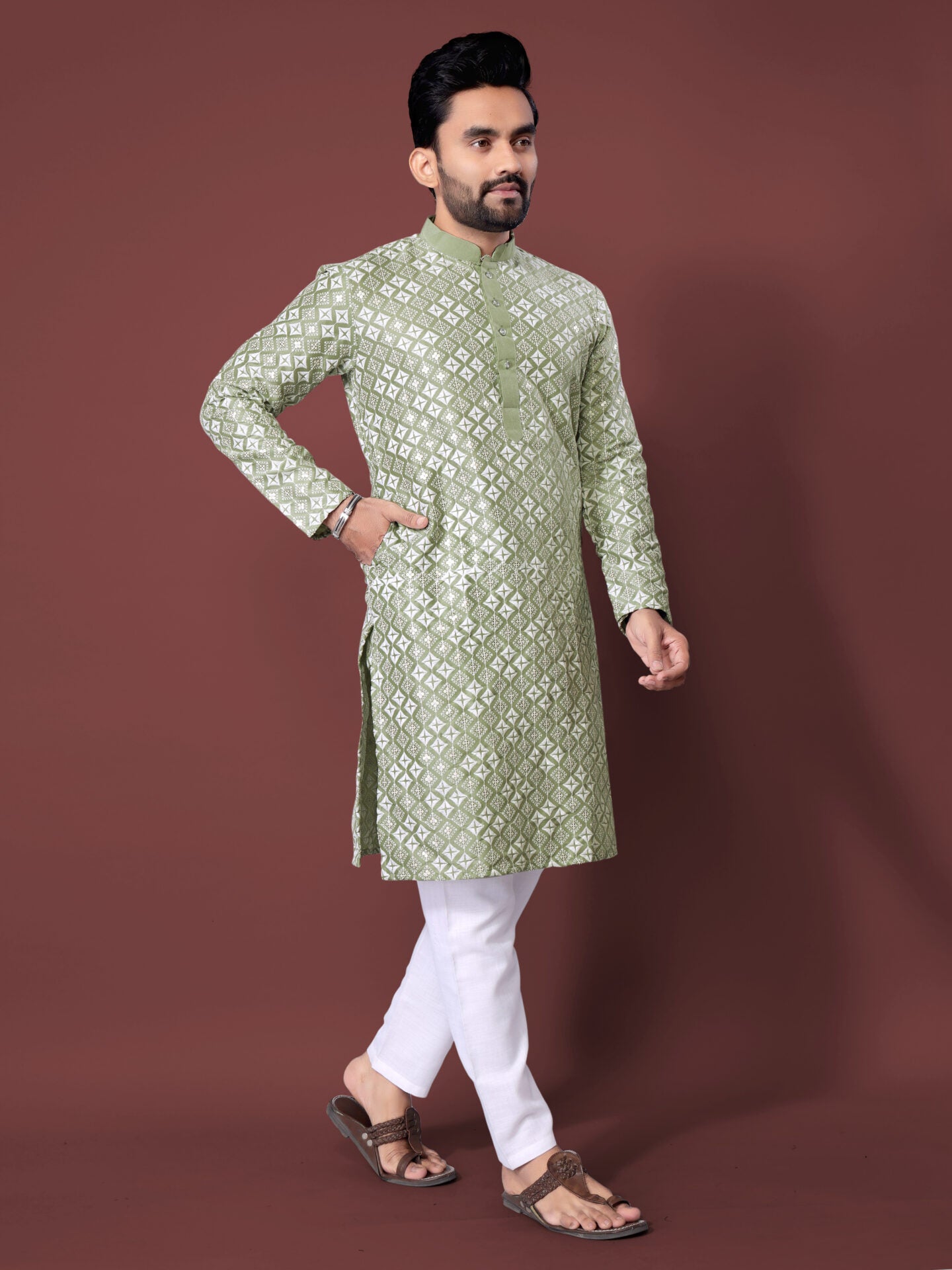 Mint Chikankari Kurta Pajama Men