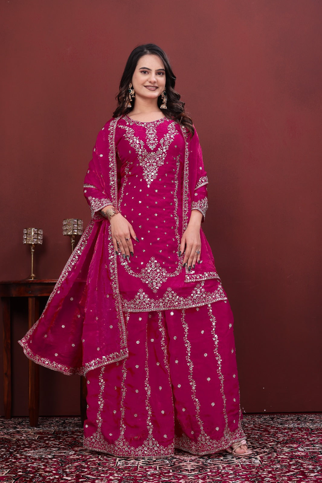 Pink Embroidered Plazo Suit