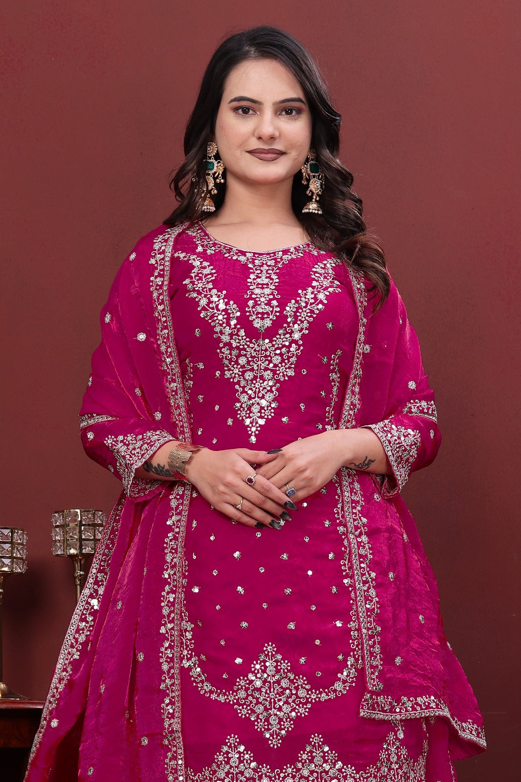 Pink Embroidered Plazo Suit