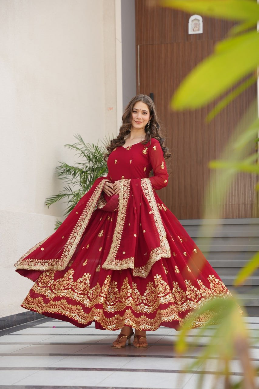 Marron GownWith Embroidery Dupatta