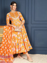 Cotton Calf Length Printed FlaredRound Neck Kurta Bottom Dupatta Set