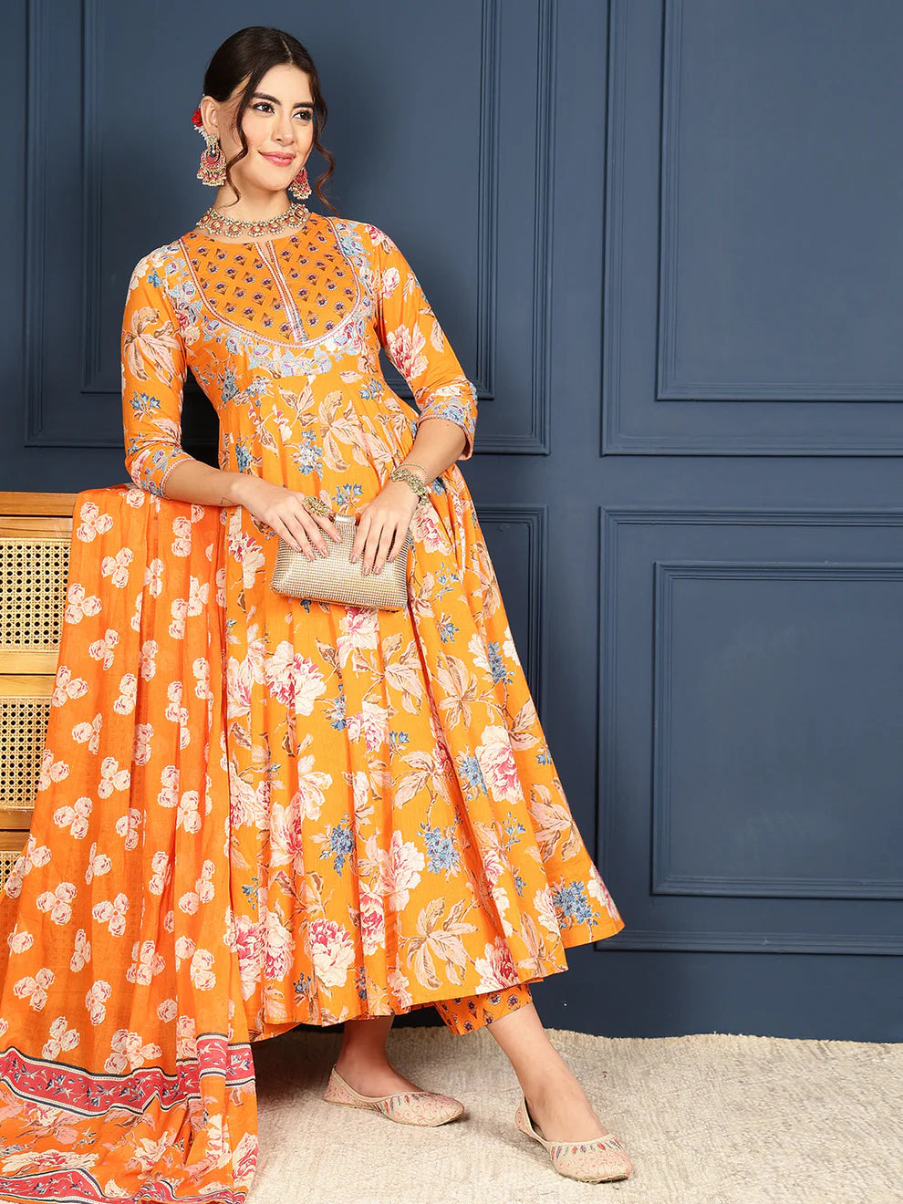 Cotton Calf Length Printed FlaredRound Neck Kurta Bottom Dupatta Set