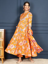 Cotton Calf Length Printed FlaredRound Neck Kurta Bottom Dupatta Set