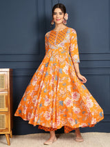 Cotton Calf Length Printed FlaredRound Neck Kurta Bottom Dupatta Set