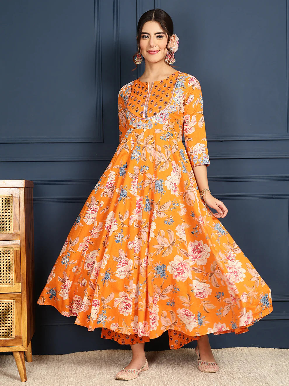 Cotton Calf Length Printed FlaredRound Neck Kurta Bottom Dupatta Set