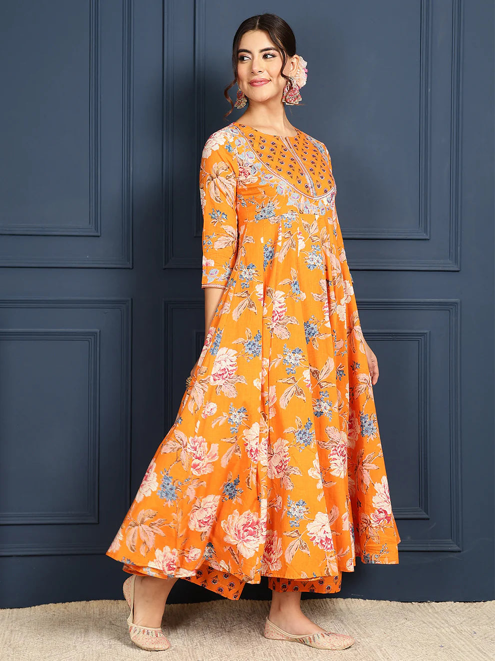 Cotton Calf Length Printed FlaredRound Neck Kurta Bottom Dupatta Set