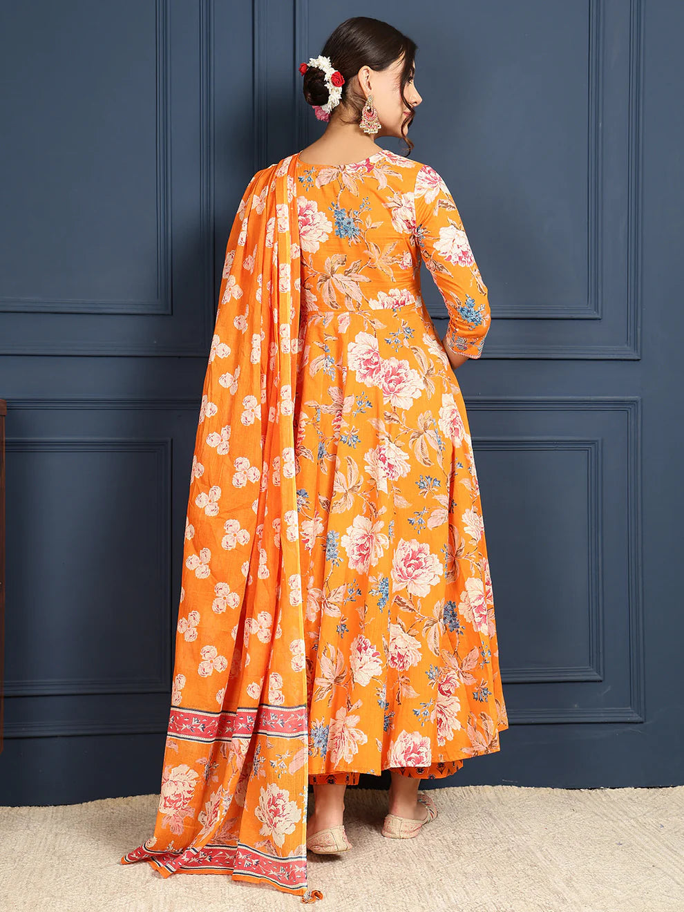 Cotton Calf Length Printed FlaredRound Neck Kurta Bottom Dupatta Set