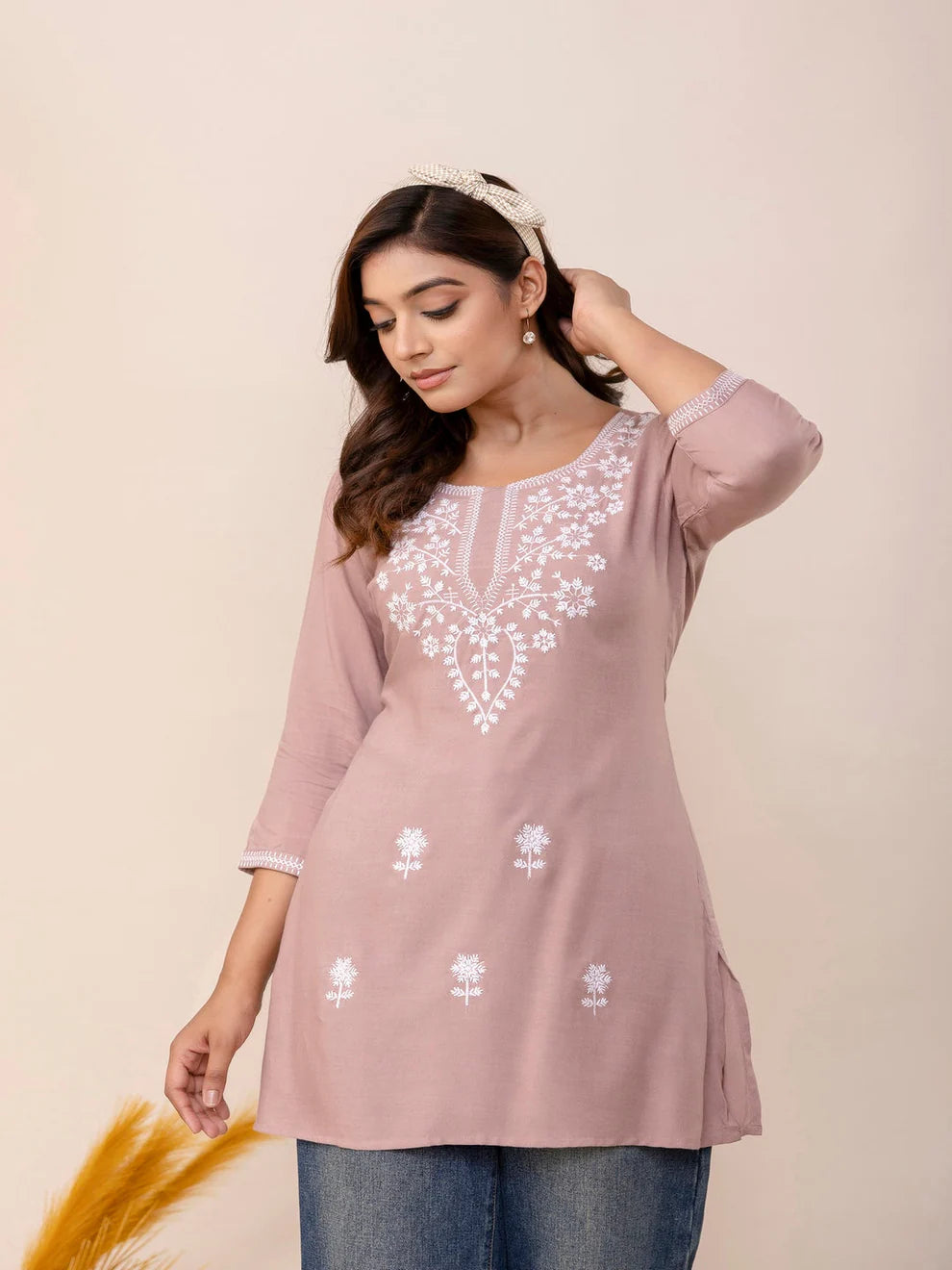 Rayon Mauve Embroidered Short Top