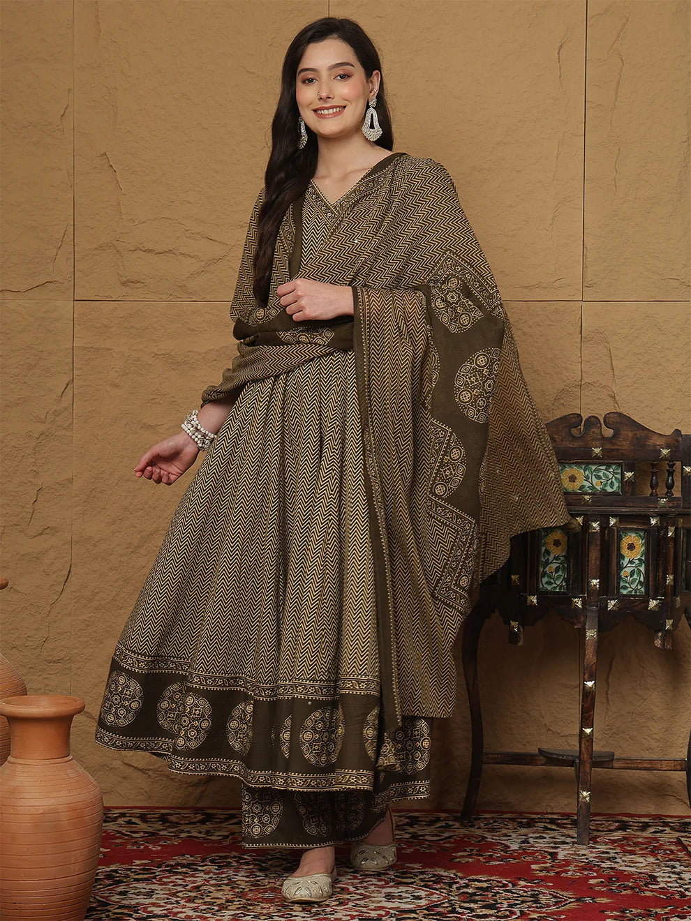 Brown Cotton Anarkali Kurti Set