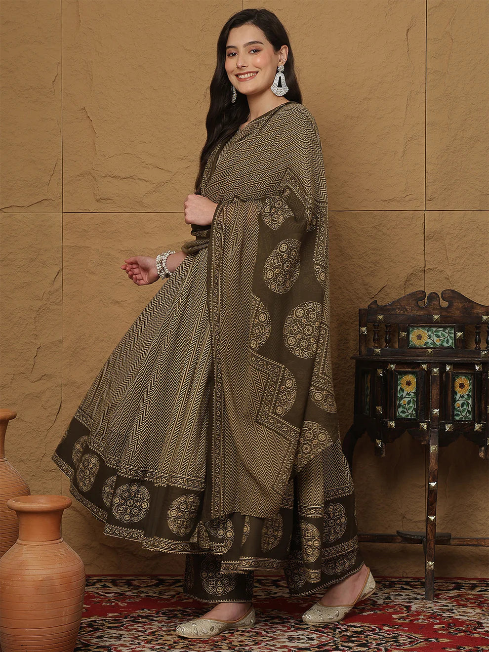 Brown Cotton Anarkali Kurti Set