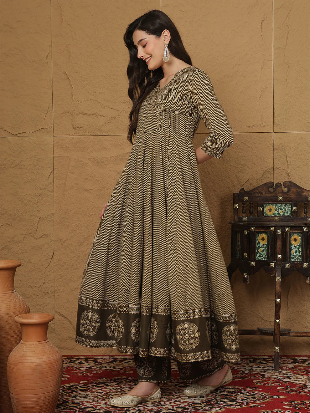 Brown Cotton Anarkali Kurti Set