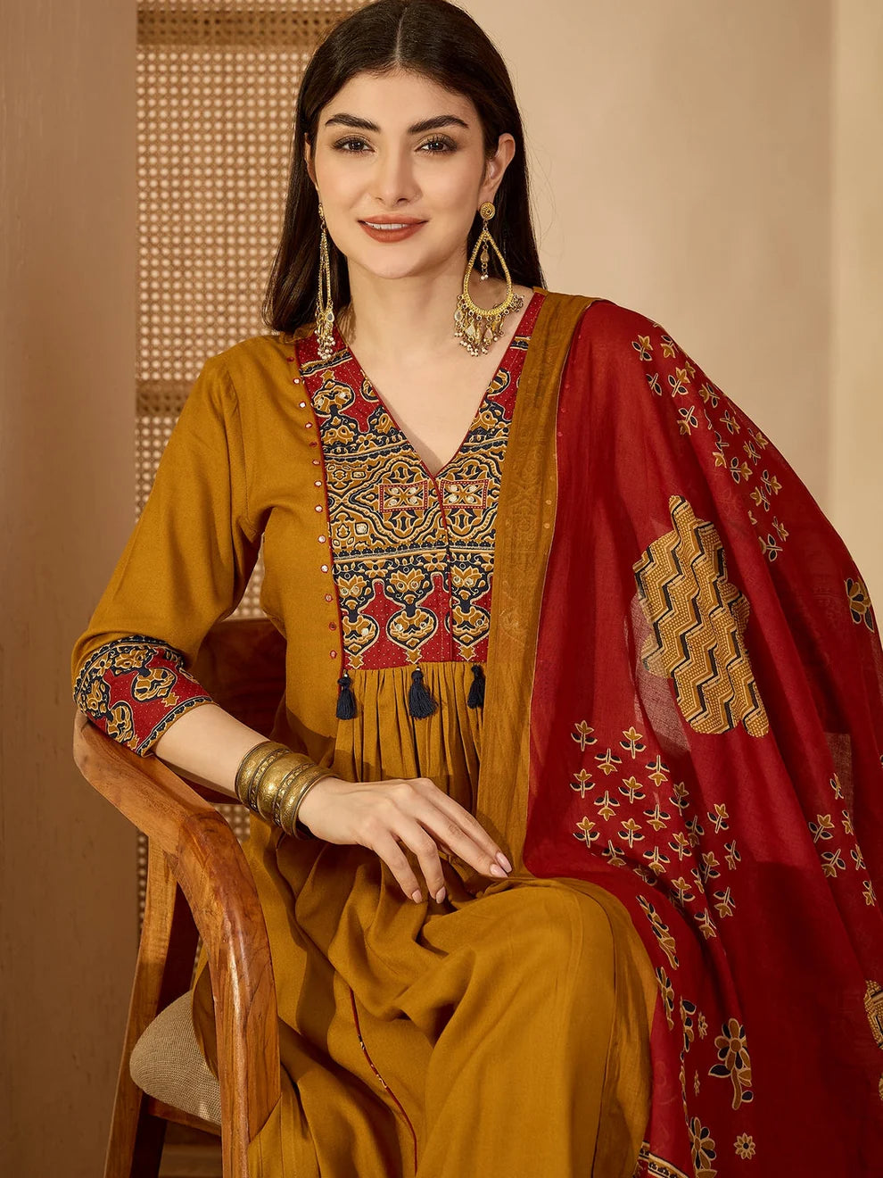 Rayon Mustard Printed Embroidered Suit