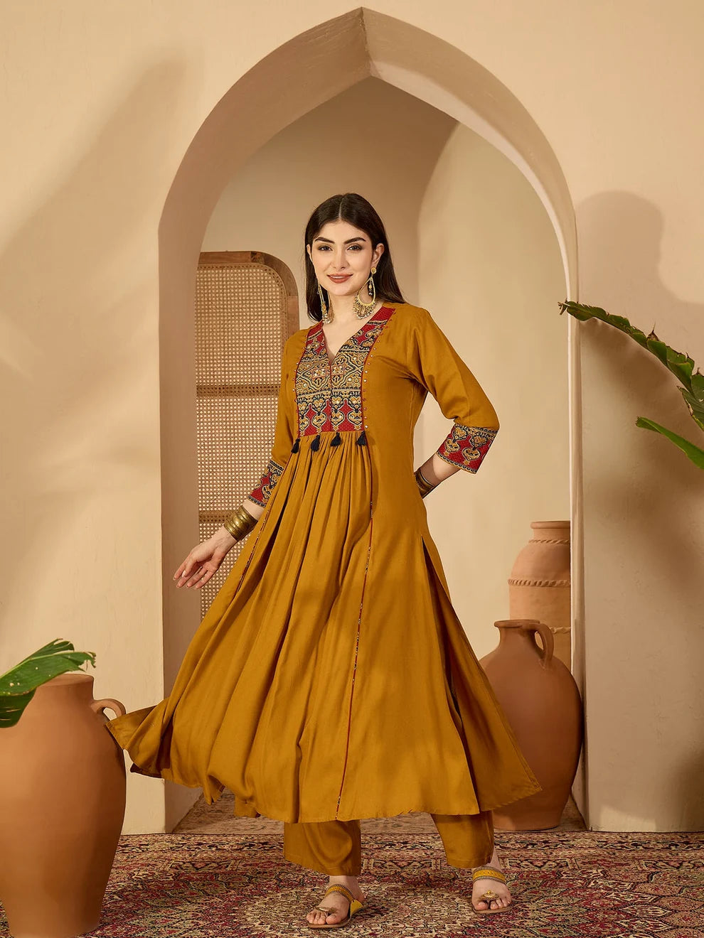 Rayon Mustard Printed Embroidered Suit