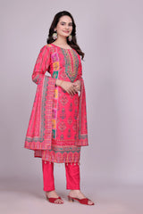Pink Printed Cotton Straight Suit