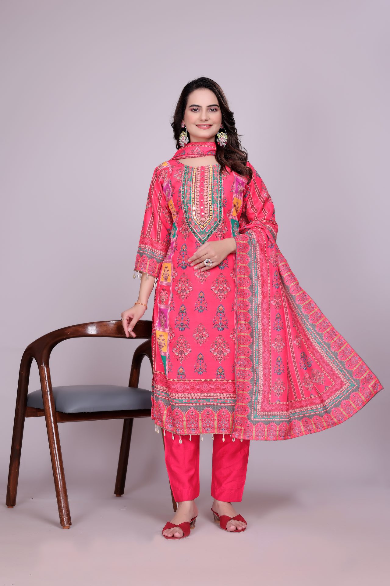 Pink Printed Cotton Straight Suit