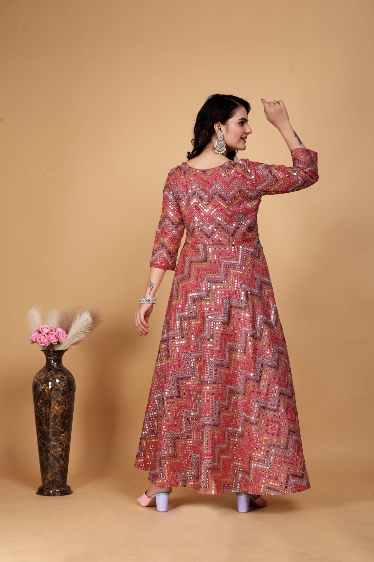 Woman Pink Embroidered Anarkali Gown