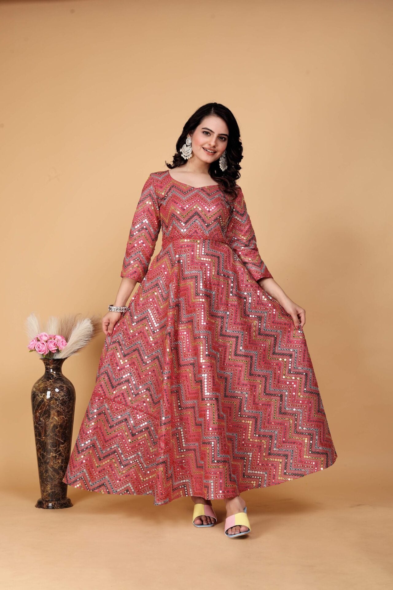 Woman Pink Embroidered Anarkali Gown