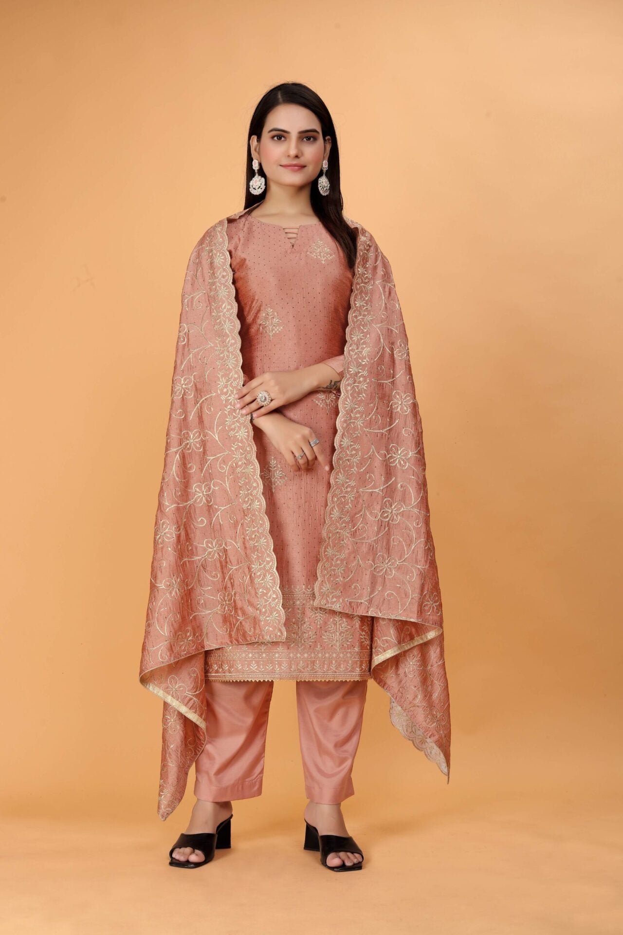 Embroidered Peach Punjabi Salwar Suit with Dupatta
