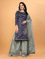 blue heavy embroidered plazo suit