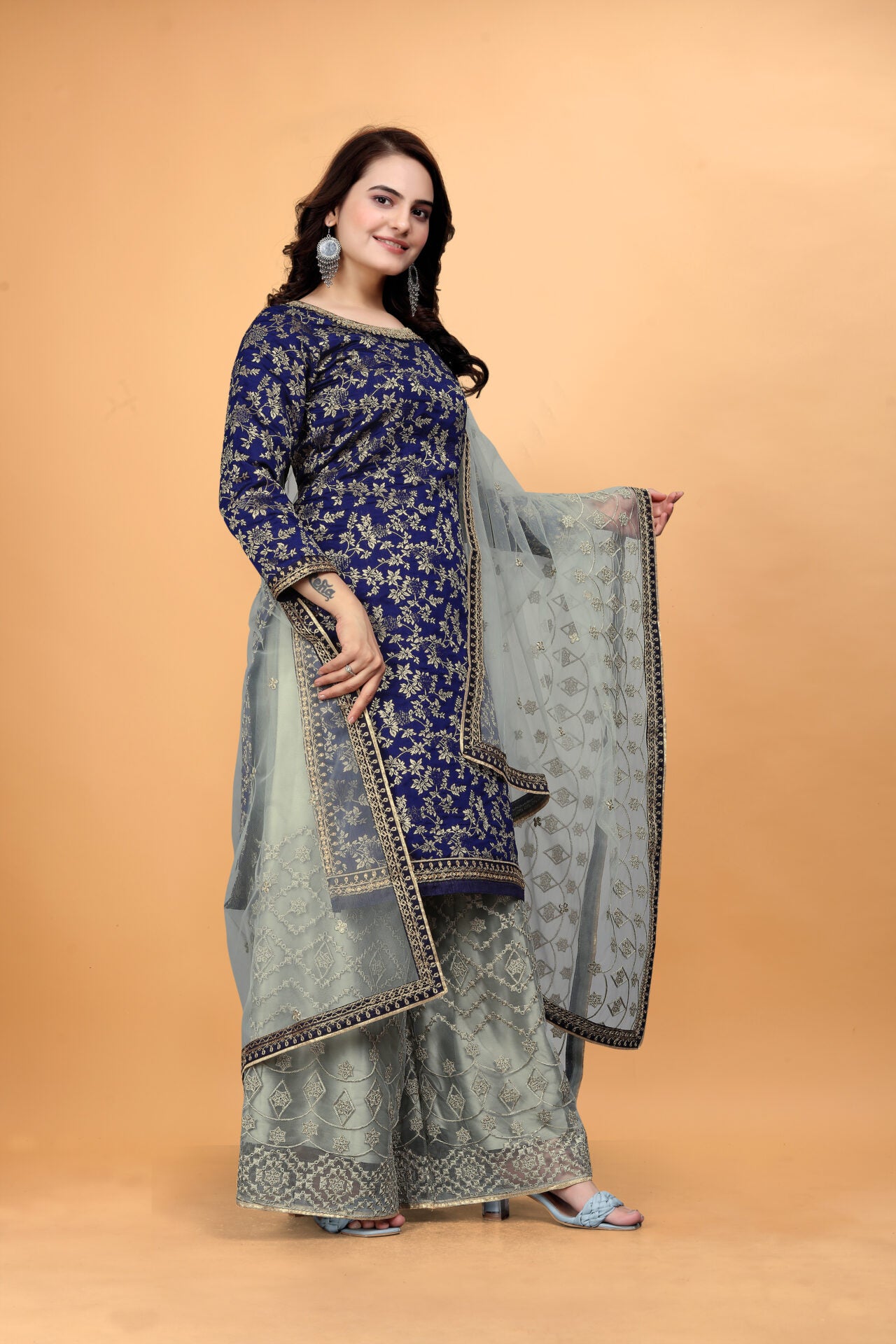 Blue Heavy Embroidered Plazo Suit Women