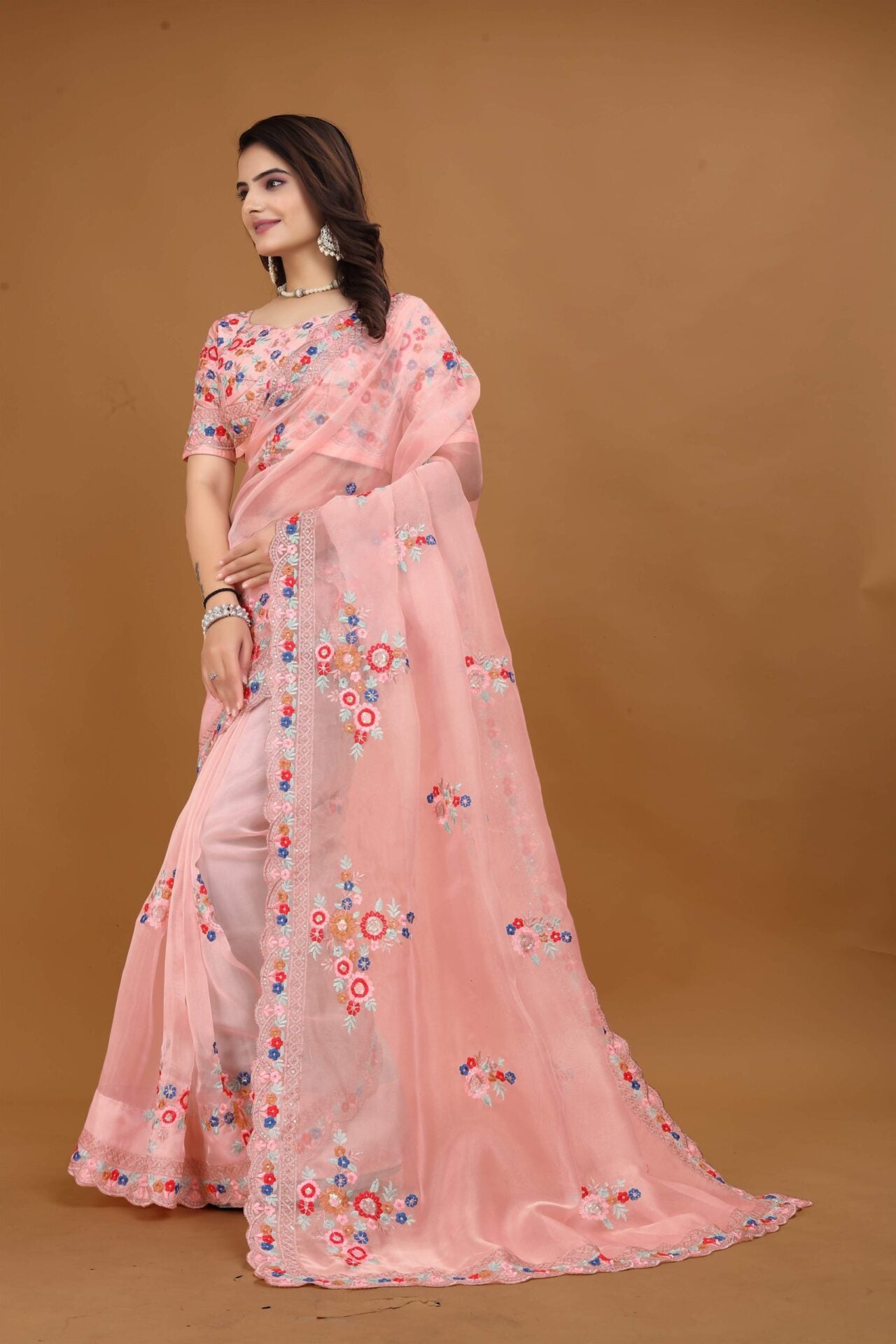 Peach Hand Embroidered Saree