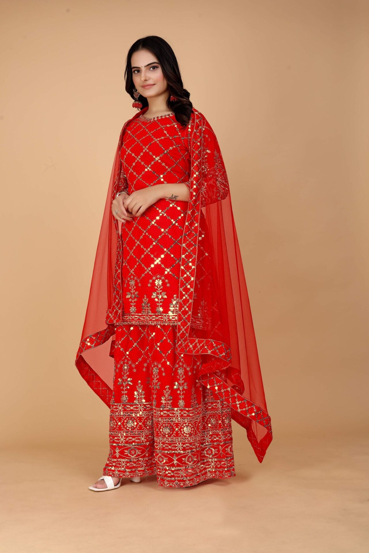 Red women punjabi sharara suit