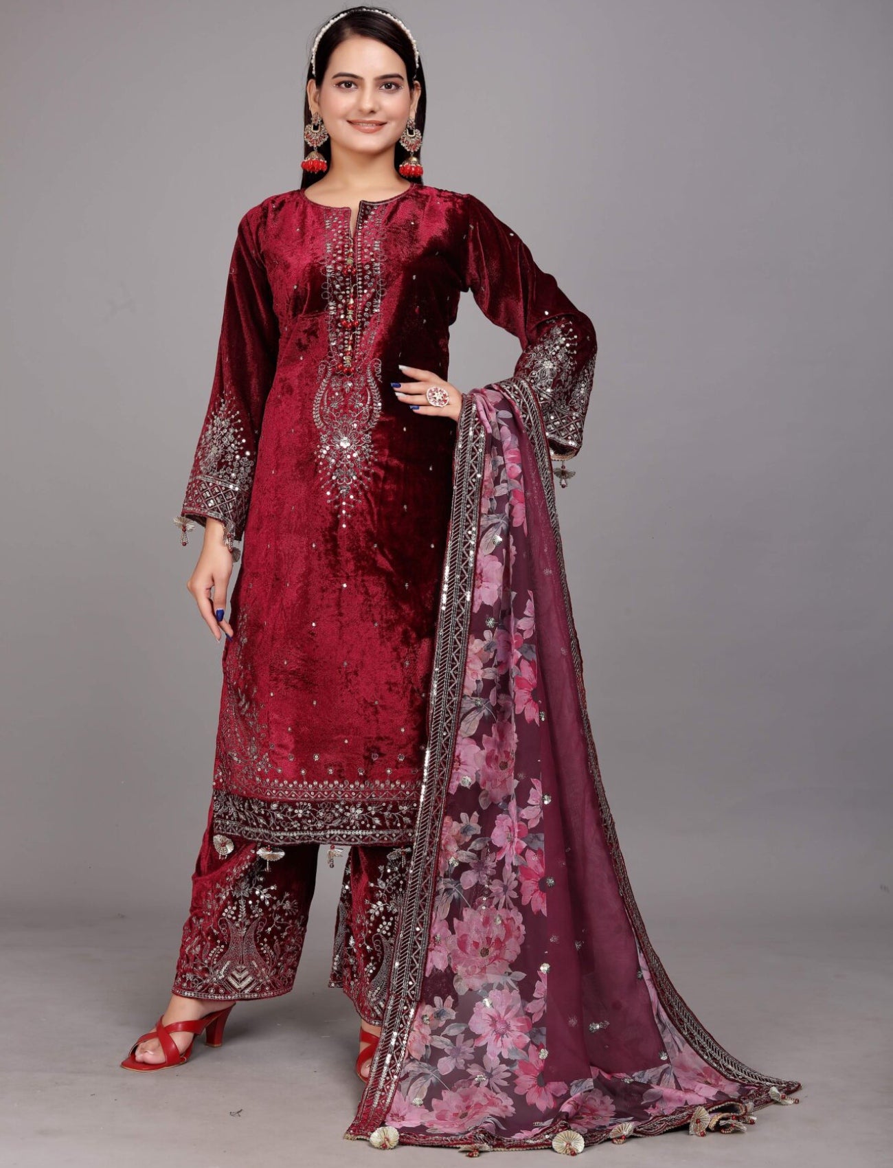 Maroon Velvet Embroidered Plazo Suit